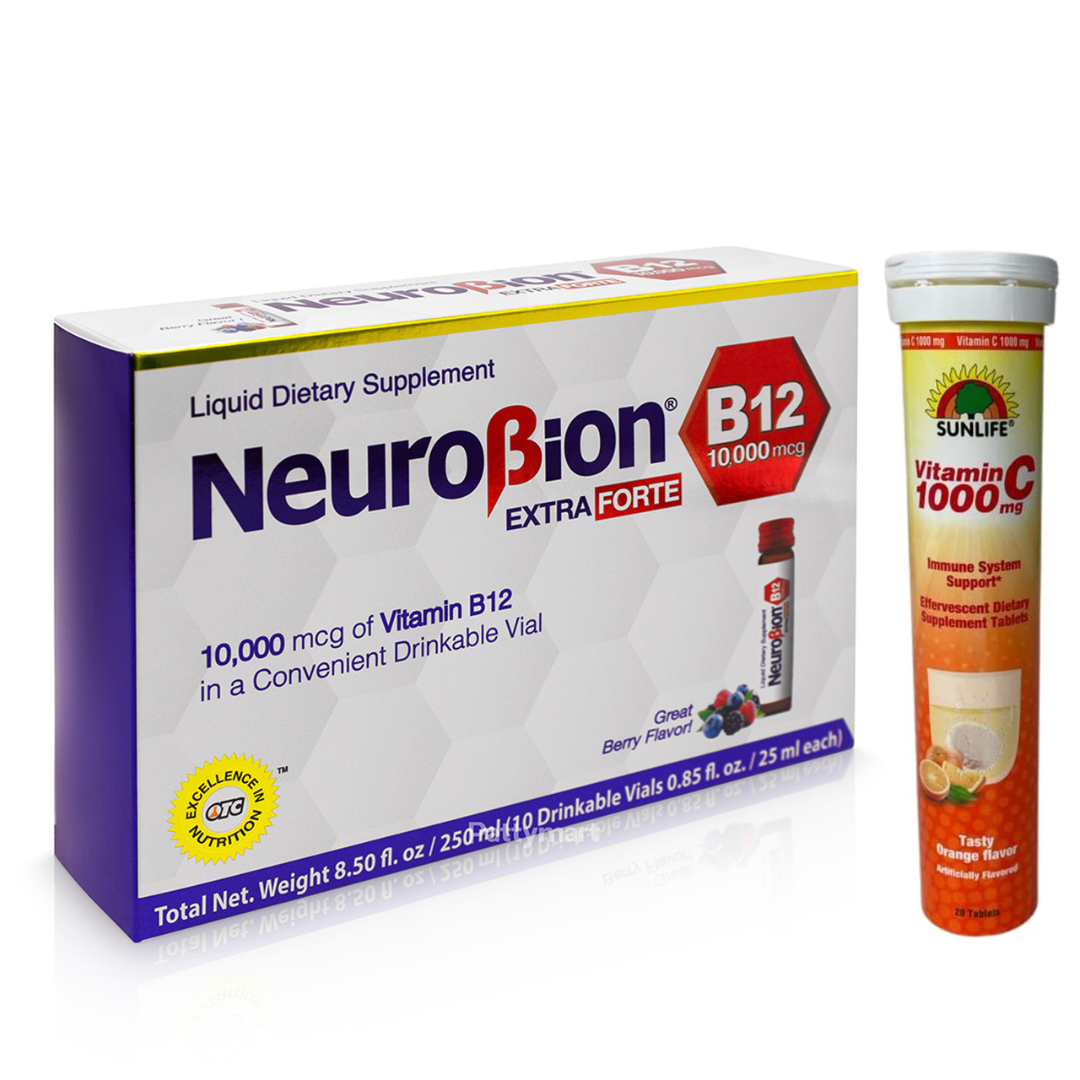 Neurobion Extra Forte B12 10,000 Mcg 10 Vials + Sunlife Vitamin C 1000 ...