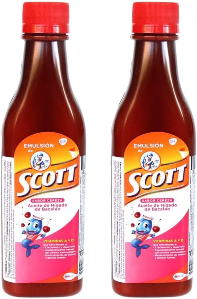 Emulsion de Scott Cereza 180 ml Cod Liver Oil with Vitamin A, D Calcium Dietary Supplement for Kids 2 unidades