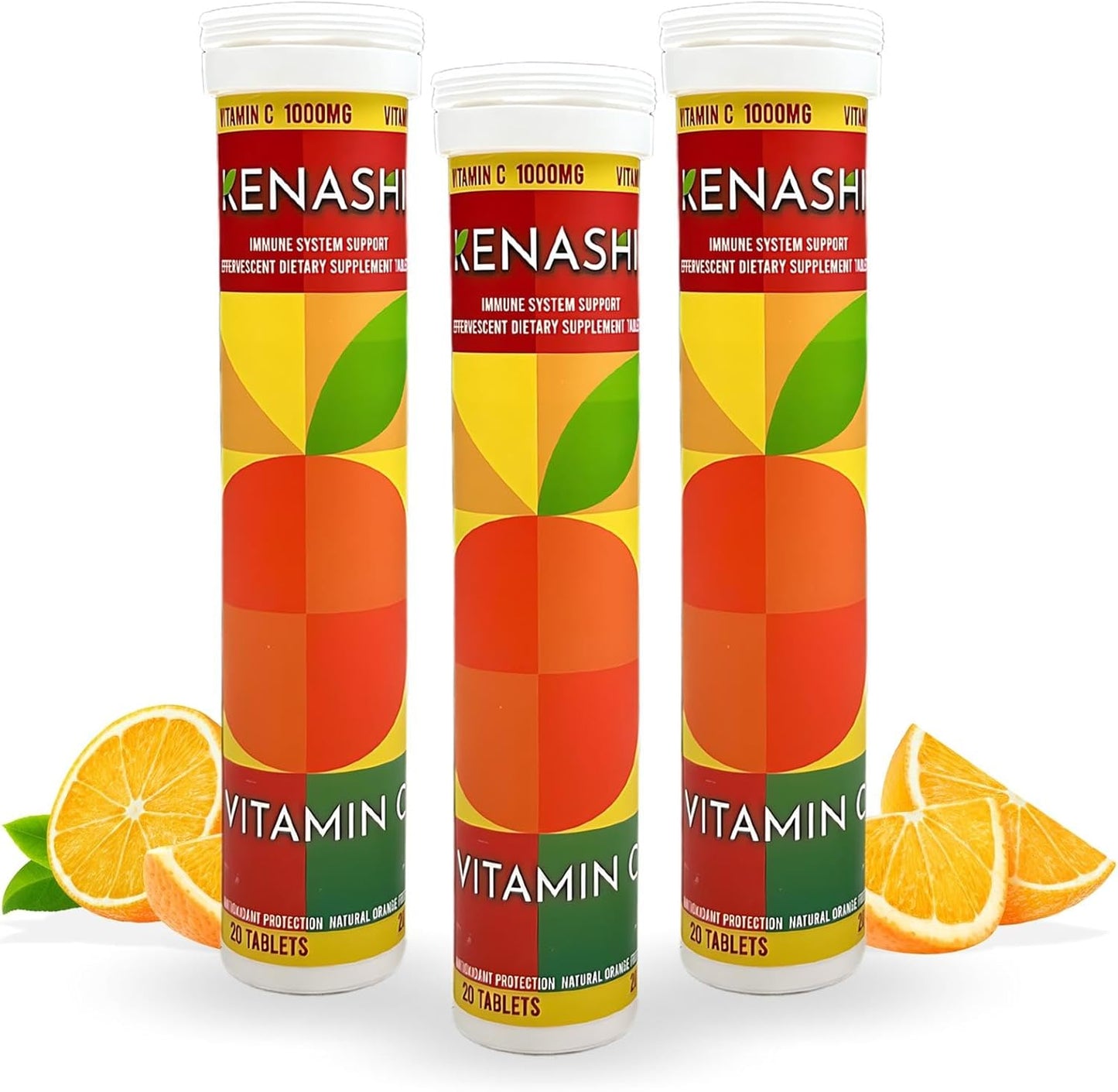 Kenashi Vitamina C Efervescentes de 1000 mg que se Disuelven en Agua 20 Tabletas 3 Pack